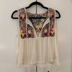 Free People Lohri Embroidered Tassel Tank Boho Peasant Top Ivory